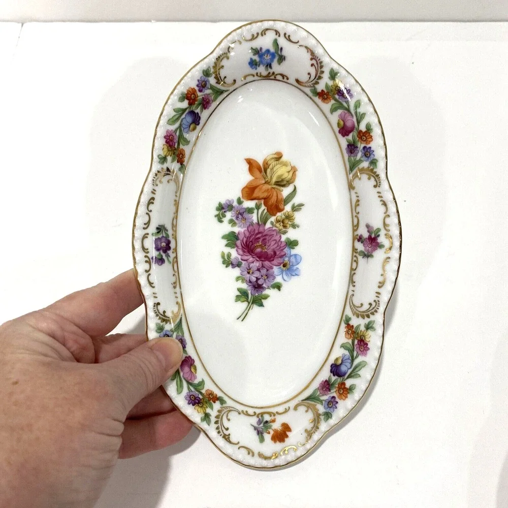 Vintage Schumann Bavarian porcelain relish dish oval floral colorful display